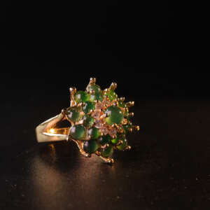 Radiant Cluster Ring – Certified Type-A Burmese Jadeite Cabochons in Gold-Tone Alloy MANDALAY GEM LAB REPORT