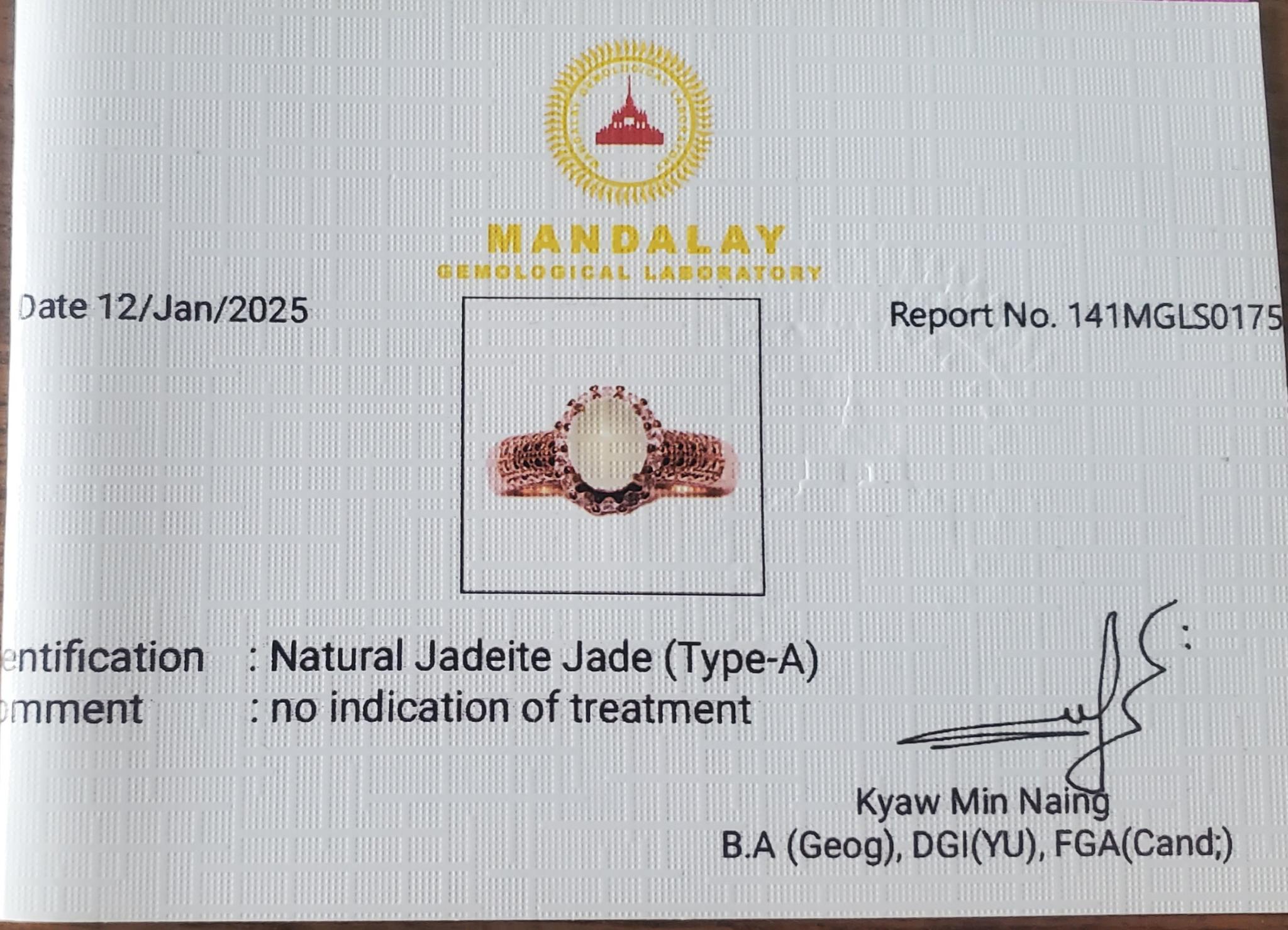 Mandalay Gemological Laboratory certificate for Type-A natural jadeite jade ring, light apple-green cabochon, report 141MGLS0175