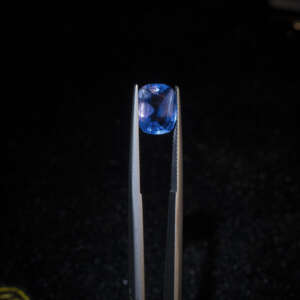 3.61-carat unheated Ceylon sapphire held in gem tweezers on black background – GalaxyGems