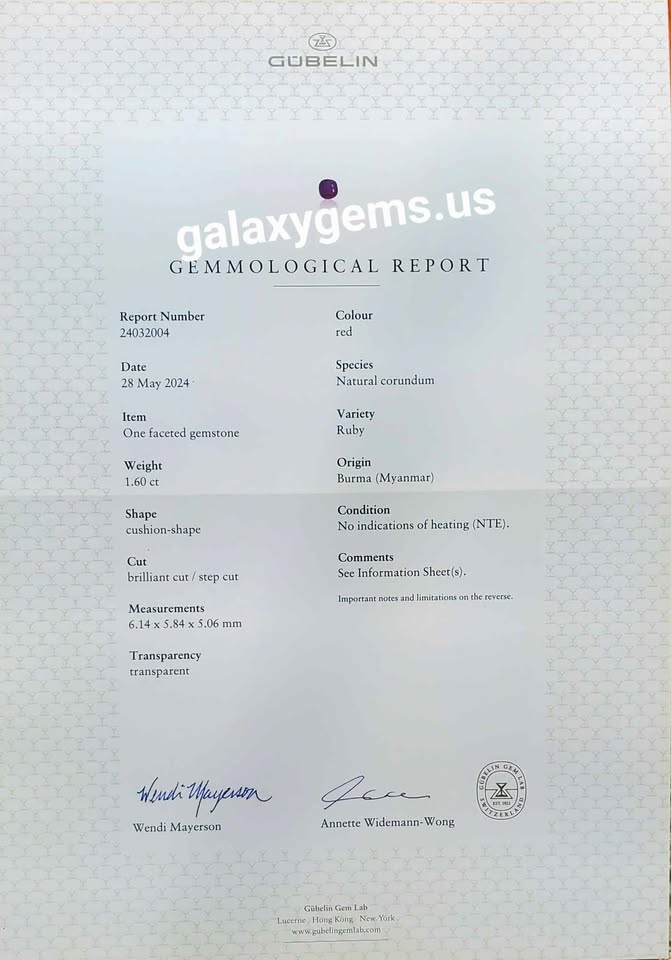 Gubelin lab report of unheated natural burmese ruby from Mogok